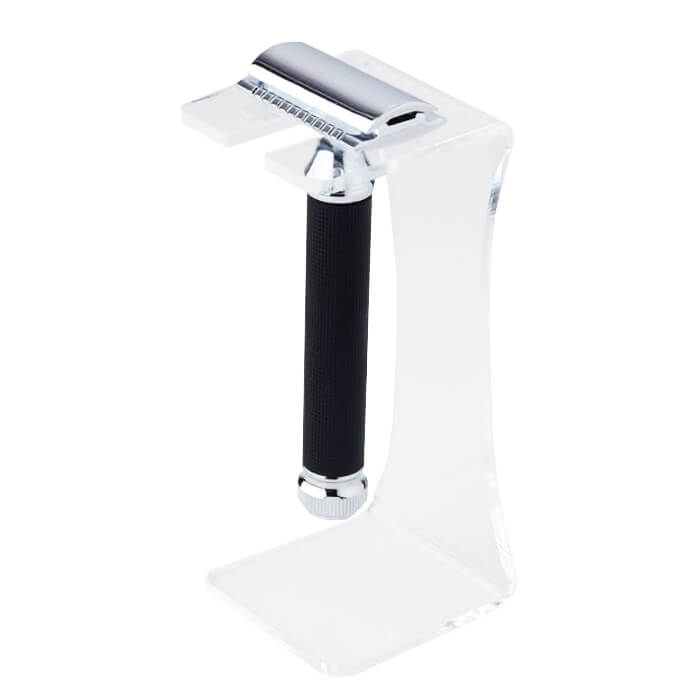 Pearl Shaving stand for safety razor in clear acrylic