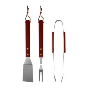 Σετ 3 εργαλεία μπάρμπεκιου από ανοξείδωτο ατσάλι με ξύλινη λαβή Σπάτουλα 33,5εκ Τσιμπίδα 32,5εκ Πιρούνι 33εκ