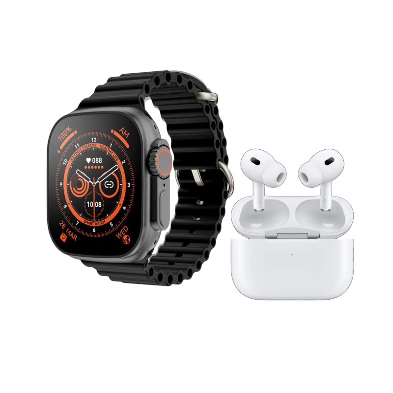 Σετ Smartwatch με ασύρματα ακουστικά Bluetooth & 7 λουράκια - T2000 UItra - 814130 - Black