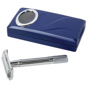 The Shave Factory safety razor in plastic case